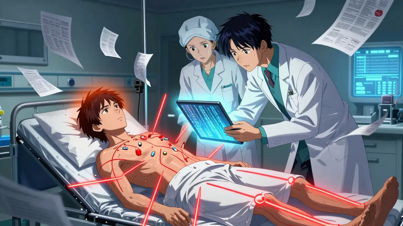 ER scene with patient surrounded by glowing drug interaction warnings, medical team responding urgently.