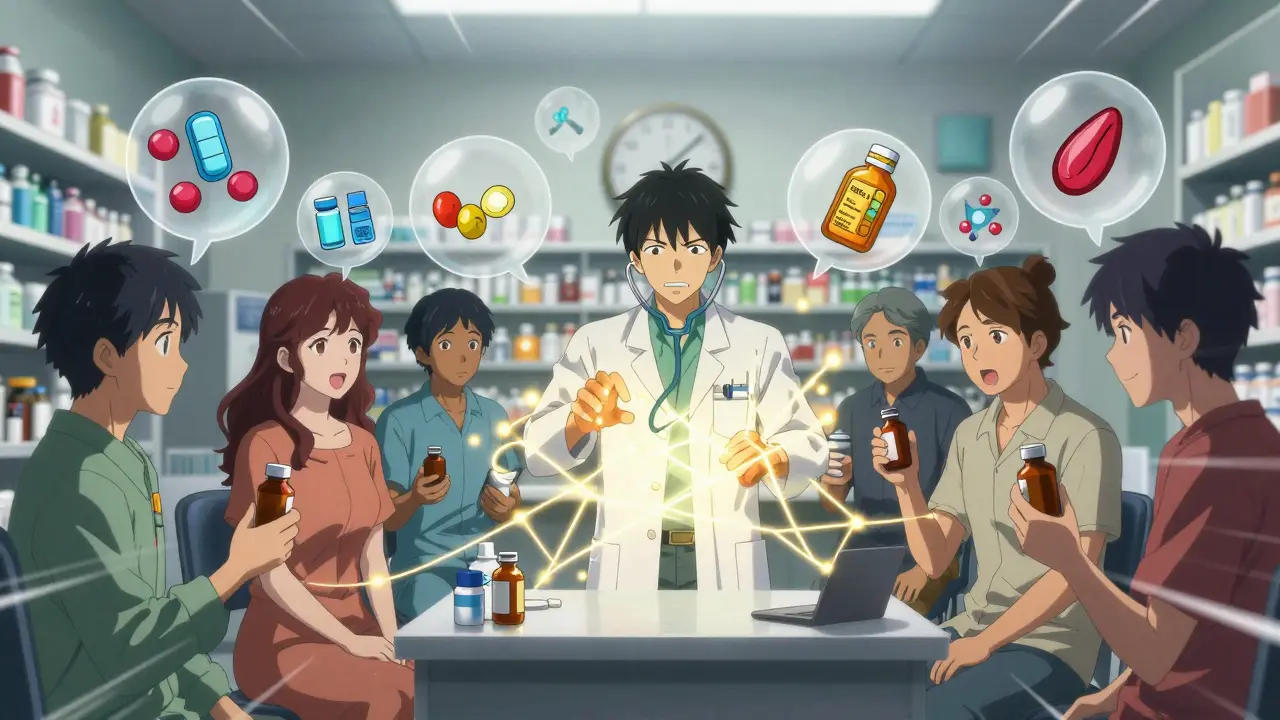 Group of patients with floating interaction icons above their meds, pharmacist using glowing device to reveal hidden drug conflicts.
