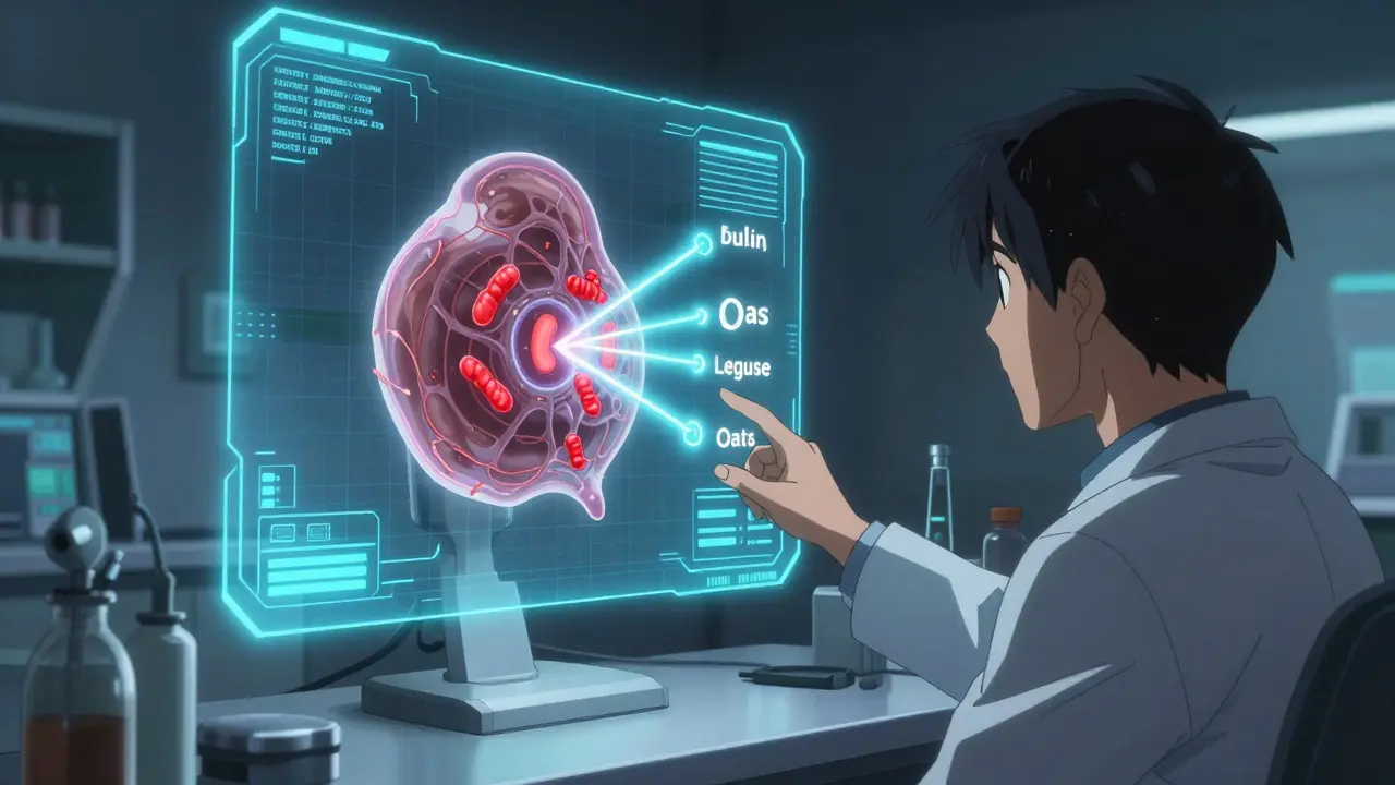 Holographic gut microbiome scan with missing bacteria highlighted, doctor guiding patient through recovery plan.