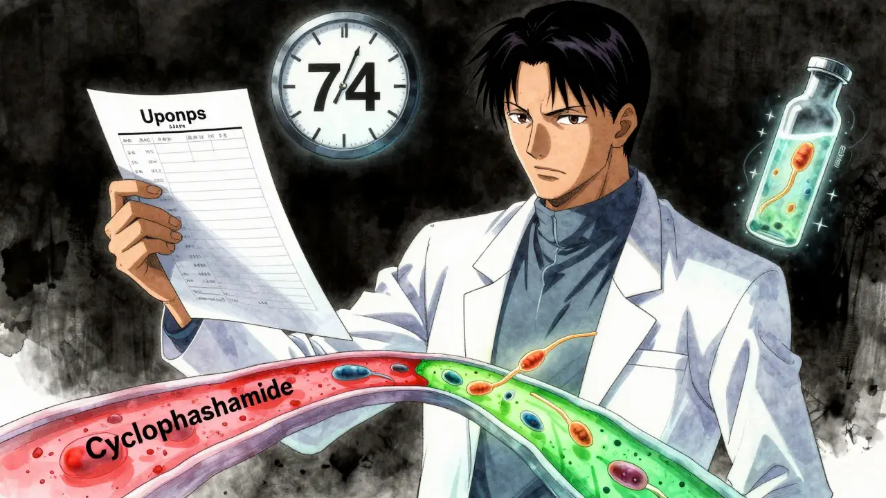 Man with transparent body showing sperm cells, one pathway blocked by toxic drug label.