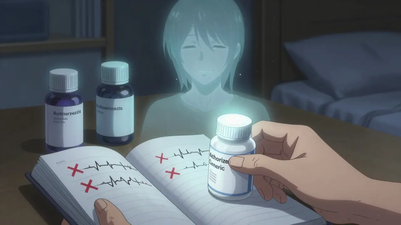 Patient's hand holding a symptom journal as an authorized generic pill glows softly beside flickering generics.