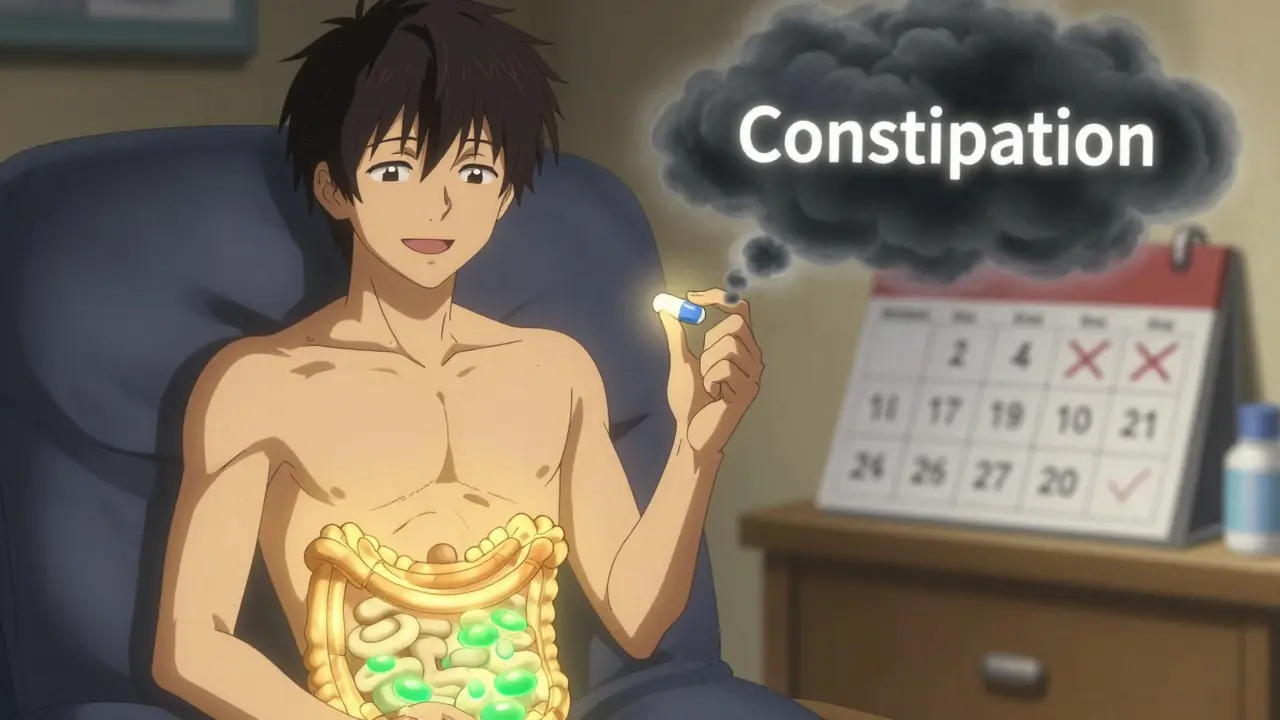 Patient smiling while taking PAMORA pill, gut receptors glowing as constipation fades away.