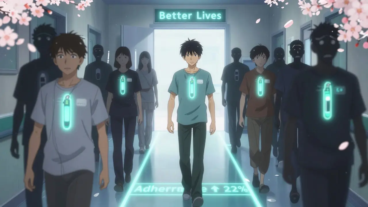 Patients walking with glowing medical devices along a path labeled 'Adherence ↑ 22%'.