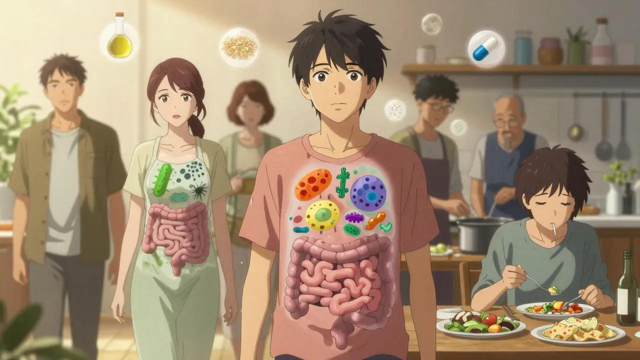 People eating healthy meals with translucent internal microbiomes showing thriving vs. depleted gut bacteria.