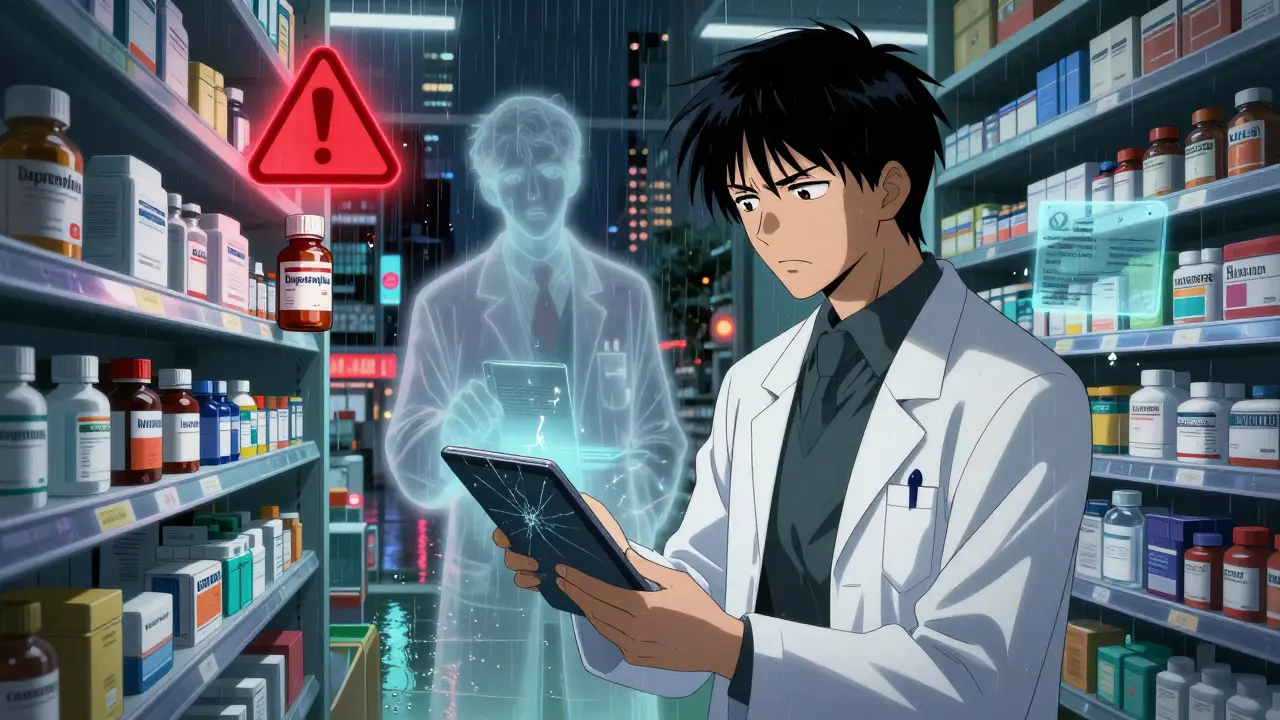 Pharmacist puzzled by rejected telemedicine prescription, neon lights, warning symbol glowing.
