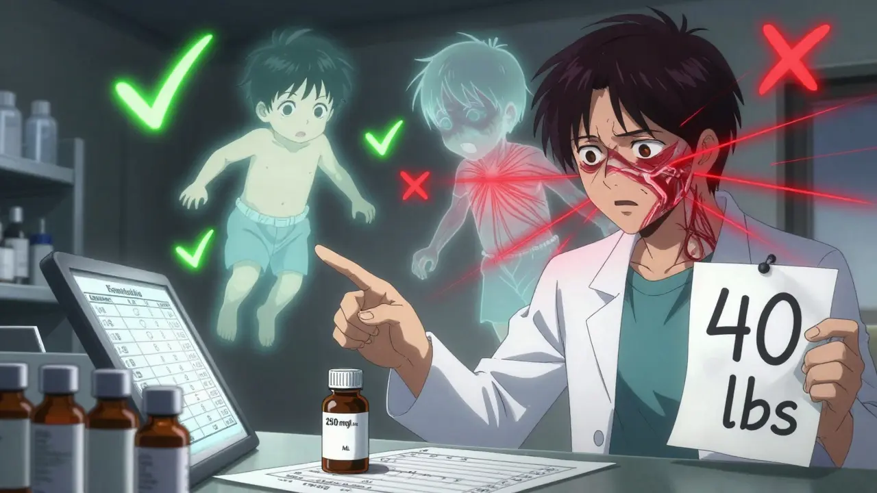 Pharmacist verifies pediatric dosage with two ghostly versions of a child, one healthy and one in danger, surrounded by medical vials.