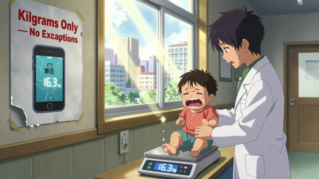 Pharmacist weighs a toddler in a rural clinic, scale displays 16.3 kg under a 'Kilograms Only' poster as sunlight streams in.