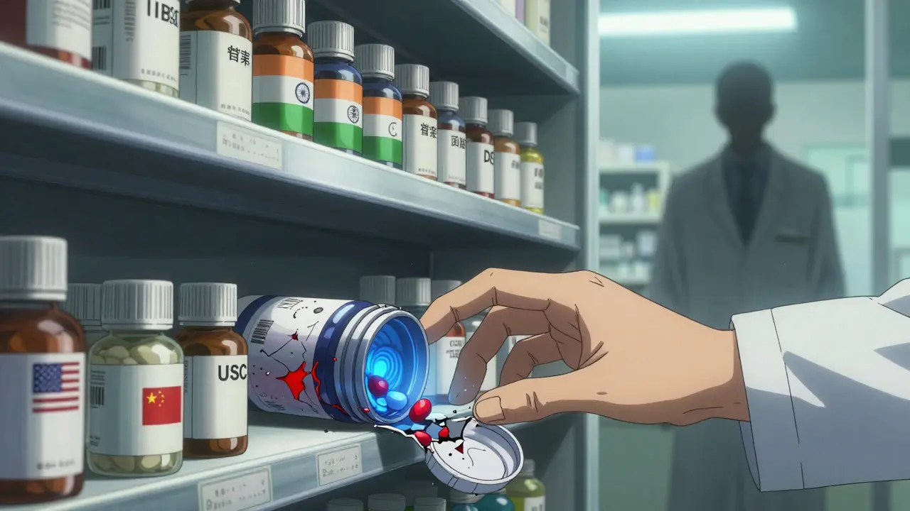 Pharmacy shelf with generic pills labeled by country; one cracked open revealing dangerous red particles.