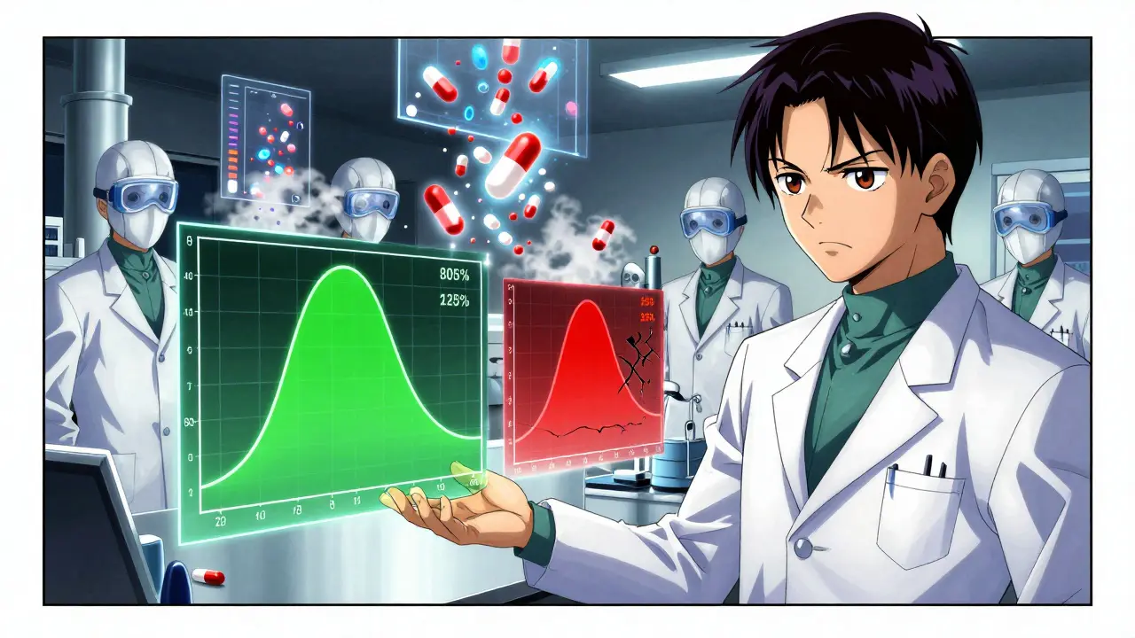 Scientists analyzing floating blood concentration graphs in an FDA lab, one failing the bioequivalence threshold.