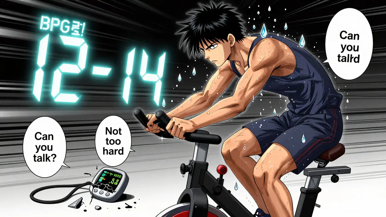 Someone cycling with a floating Borg RPE scale and discarded heart rate monitor nearby.