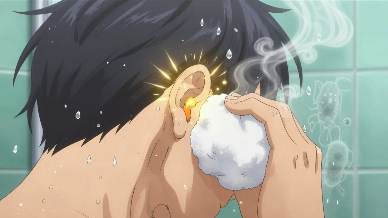 Someone protecting their ear in the shower with a waterproof plug and jelly-coated cotton ball, water droplets frozen around them.