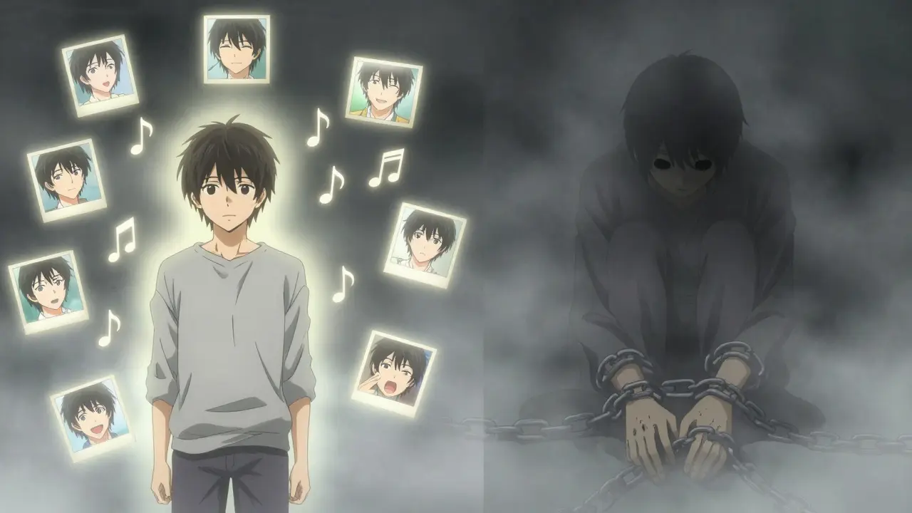 Split image: one side glowing with joyful memories, the other shrouded in dark fog and chains of despair.