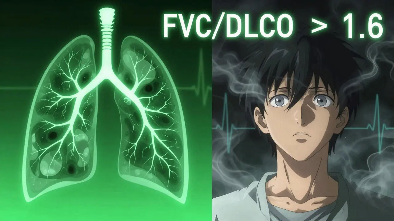 Split image showing healthy lungs vs. early fibrosis with glowing diagnostic ratios.