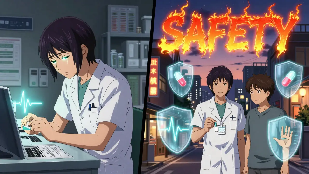 Split-panel scene of pharmacy safety system with floating shields and celestial kanji in anime style.