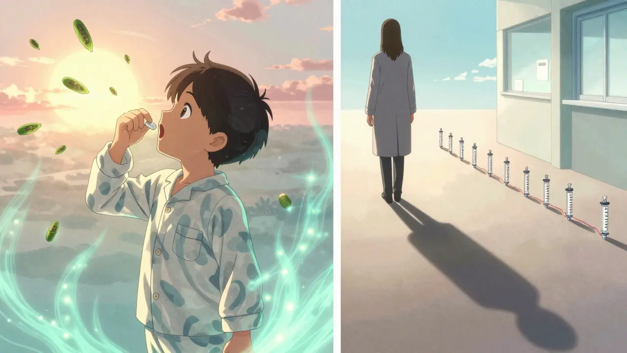 Split scene: child taking a daily tablet at sunrise, adult walking into clinic for a monthly shot, both with spiritual energy trails.