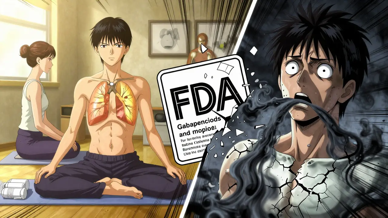 Split scene: one side shows safe pain treatment, the other shows deadly drug interaction with smoke rising.