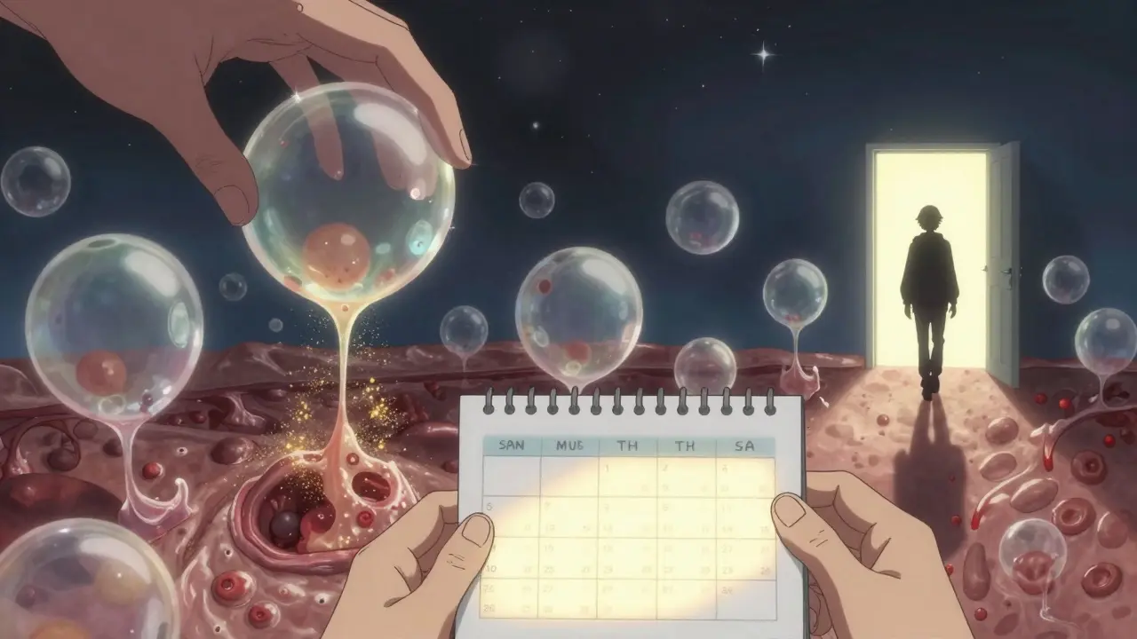 Surreal inner skin landscape with shrinking oil glands and dissolving cysts, as a figure walks toward a bright door.