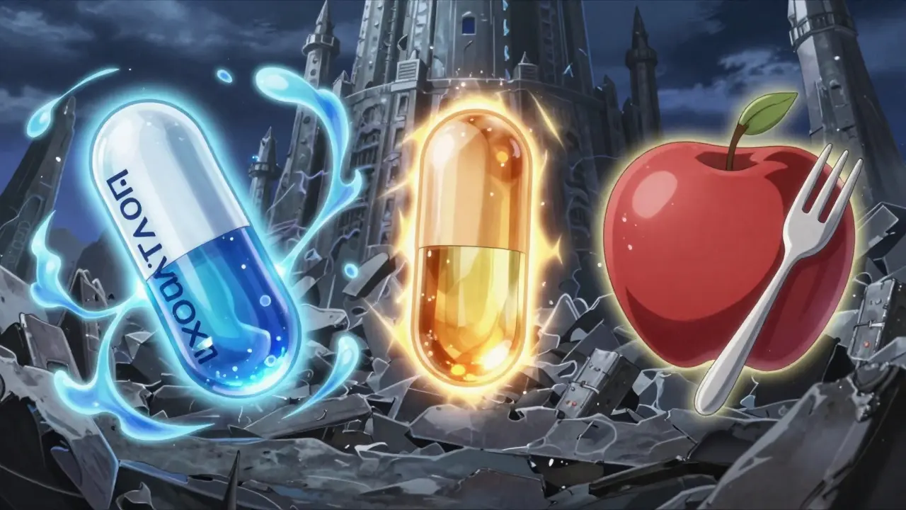 Three alternative treatments as glowing warriors fighting a collapsing PPI fortress in anime style.