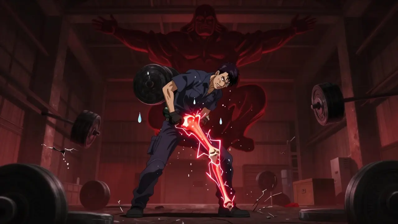 Warehouse worker with red lightning pain shooting down leg from lower back, bone spur compressing nerve, McKenzie pose floating nearby.