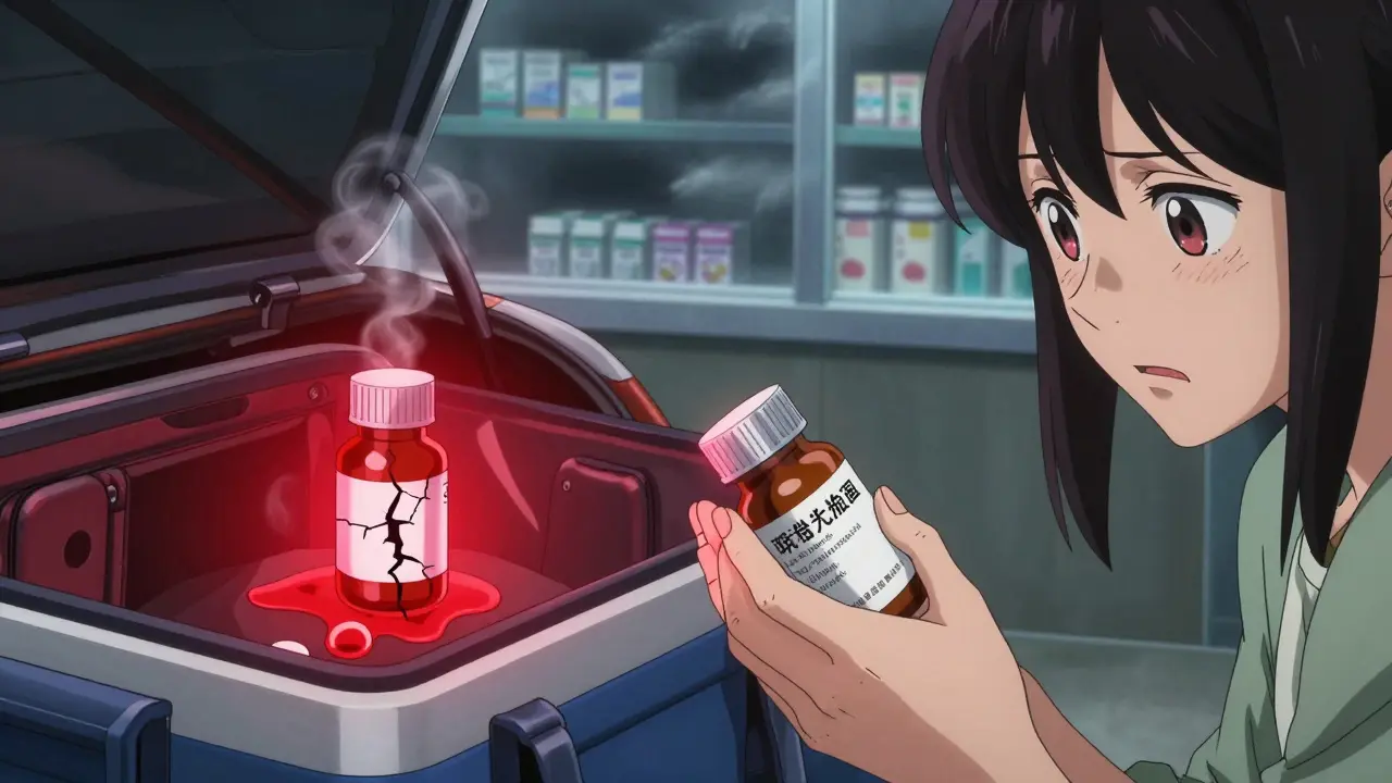 Woman placing insulin in cooler as a melting pill bottle glows dangerously in a hot car glovebox.