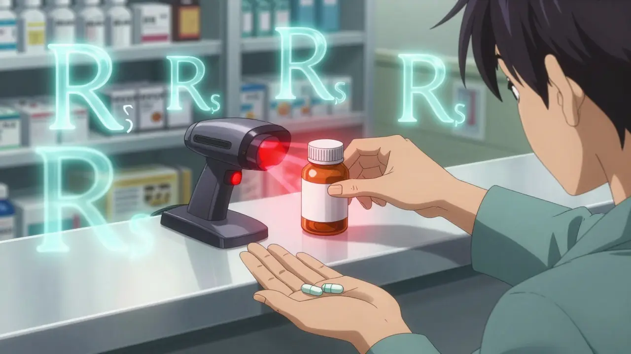 A bar code scanner glows red, stopping a pill bottle while eight safety principles float nearby.