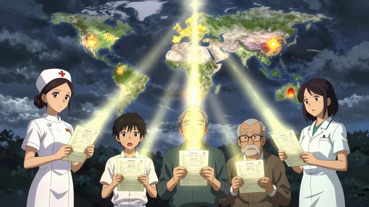 A diverse group of people submitting reports that form a glowing global map, with hotspots showing international safety signals.