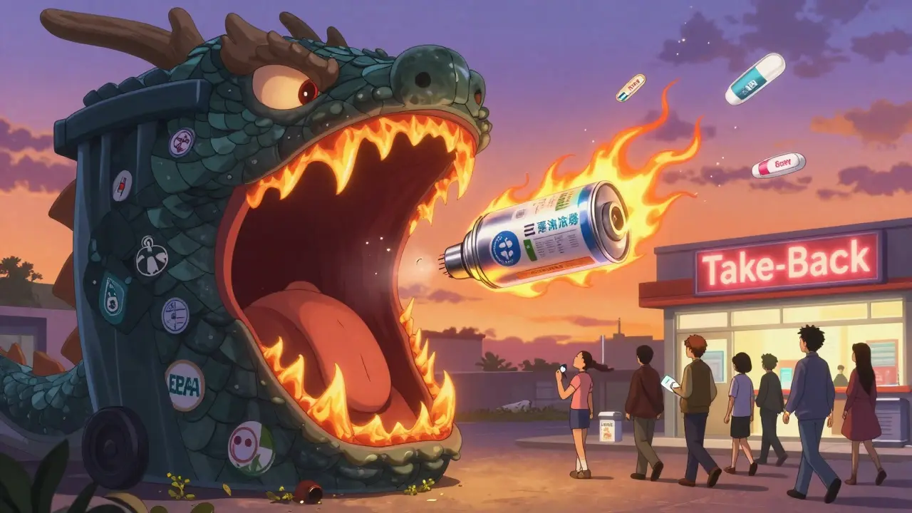 A metal inhaler canister is consumed by a dragon-shaped recycling bin, while people walk toward a pharmacy with a neon take-back sign.