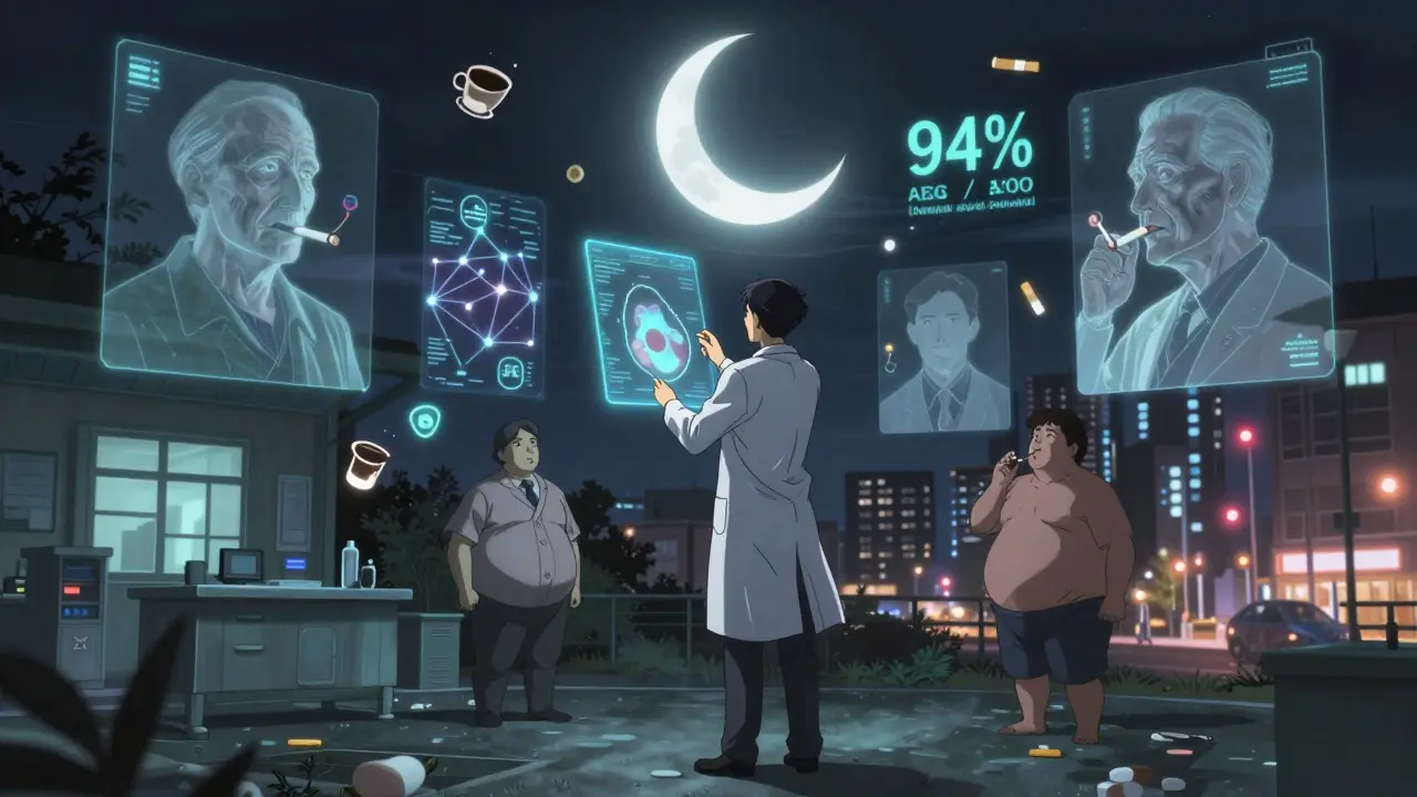 A pathologist examines a holographic biopsy as spectral patient portraits and AI glyphs float nearby, contrasting rural and urban healthcare access.