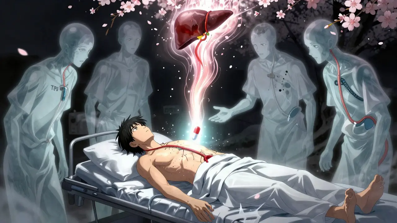 A patient above an operating table as a pill reconnects their portal vein with radiant light.