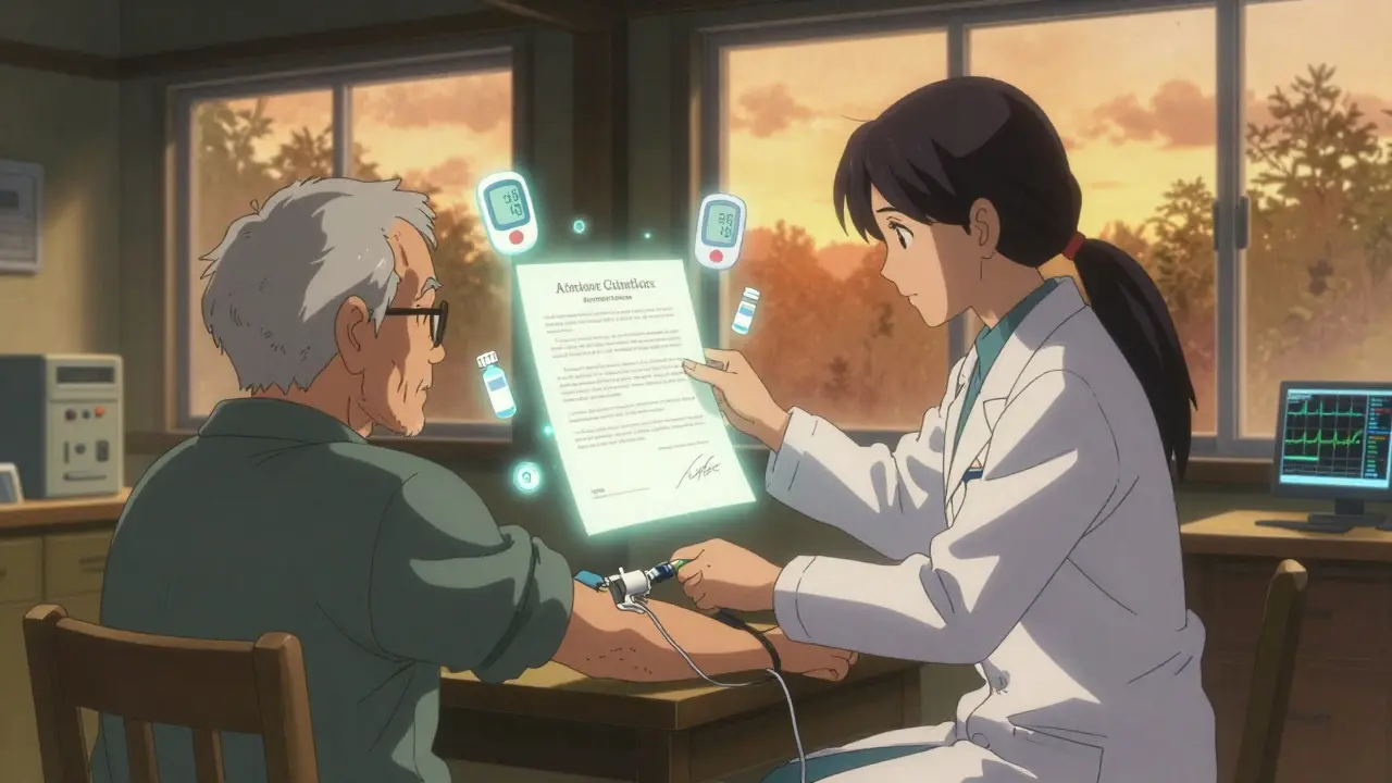 A pharmacist adjusting insulin for an elderly patient with a glowing collaborative practice agreement floating nearby.