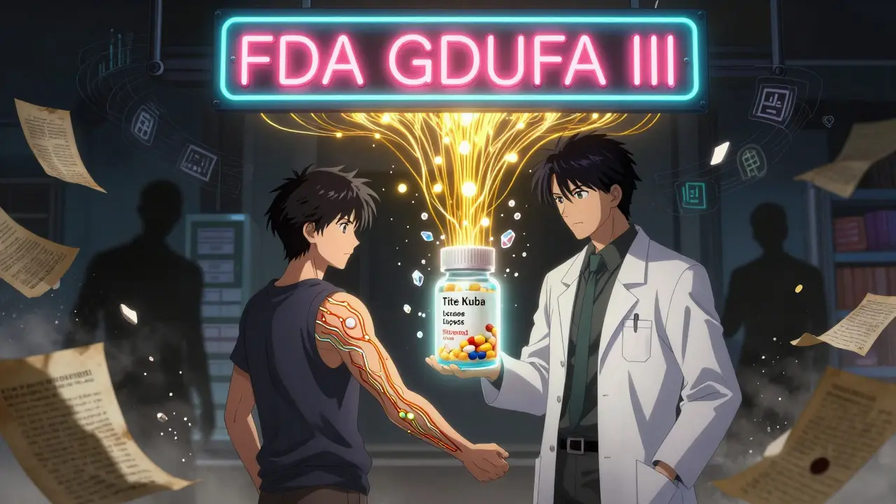 A pharmacist and patient stand under a regulatory sign as data threads connect to the patient’s pill.