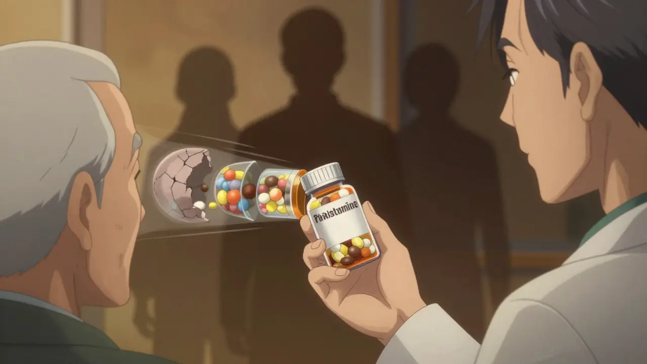 A pharmacist hands a plain pill bottle to an elderly patient as molecular structures align behind them.