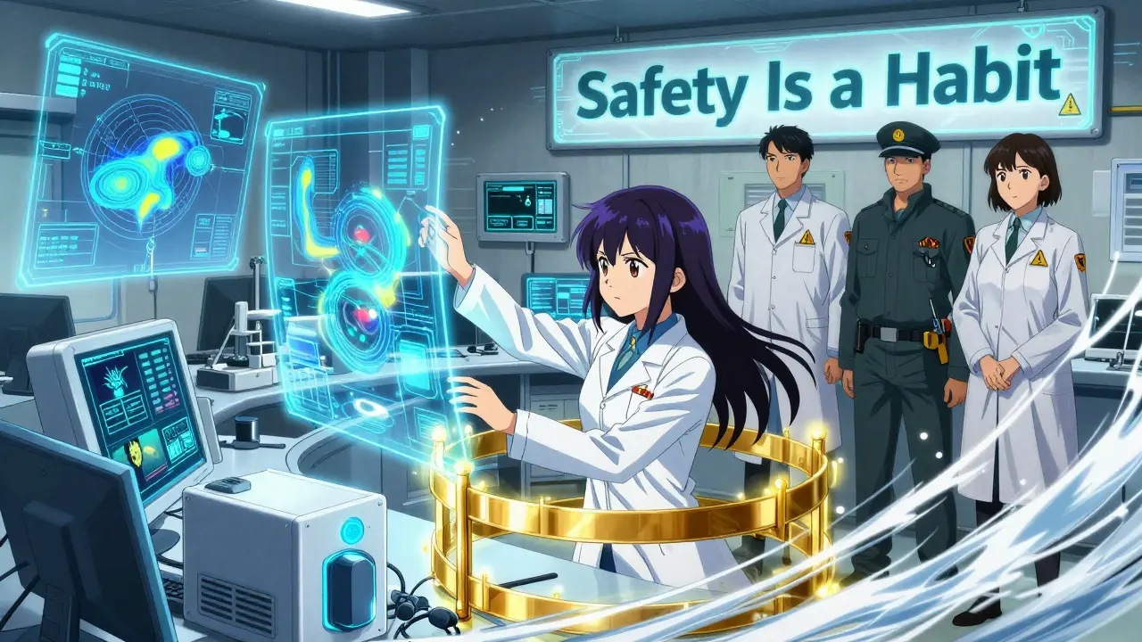 A pharmacist protected by AI-enhanced safety barriers, with holographic contamination maps and union symbols in the background.