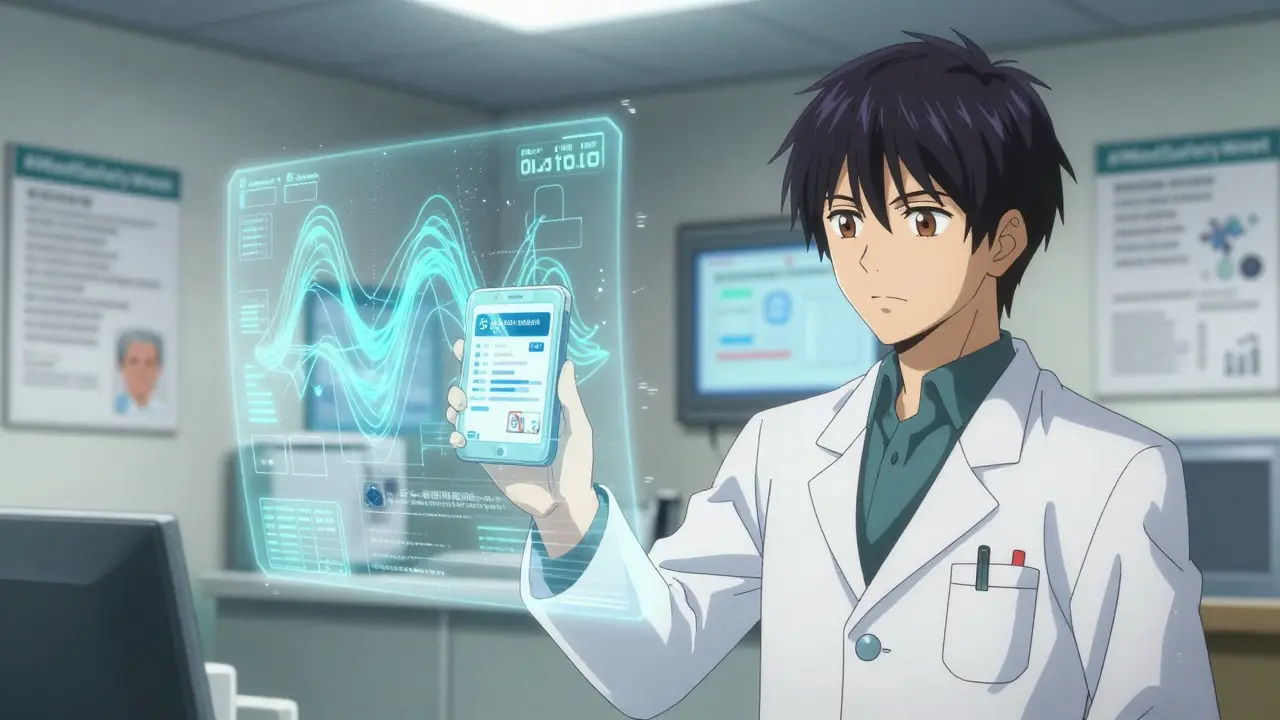 A pharmacist using an AI tool that matches patient symptoms to global side effect patterns with glowing holographic data streams.