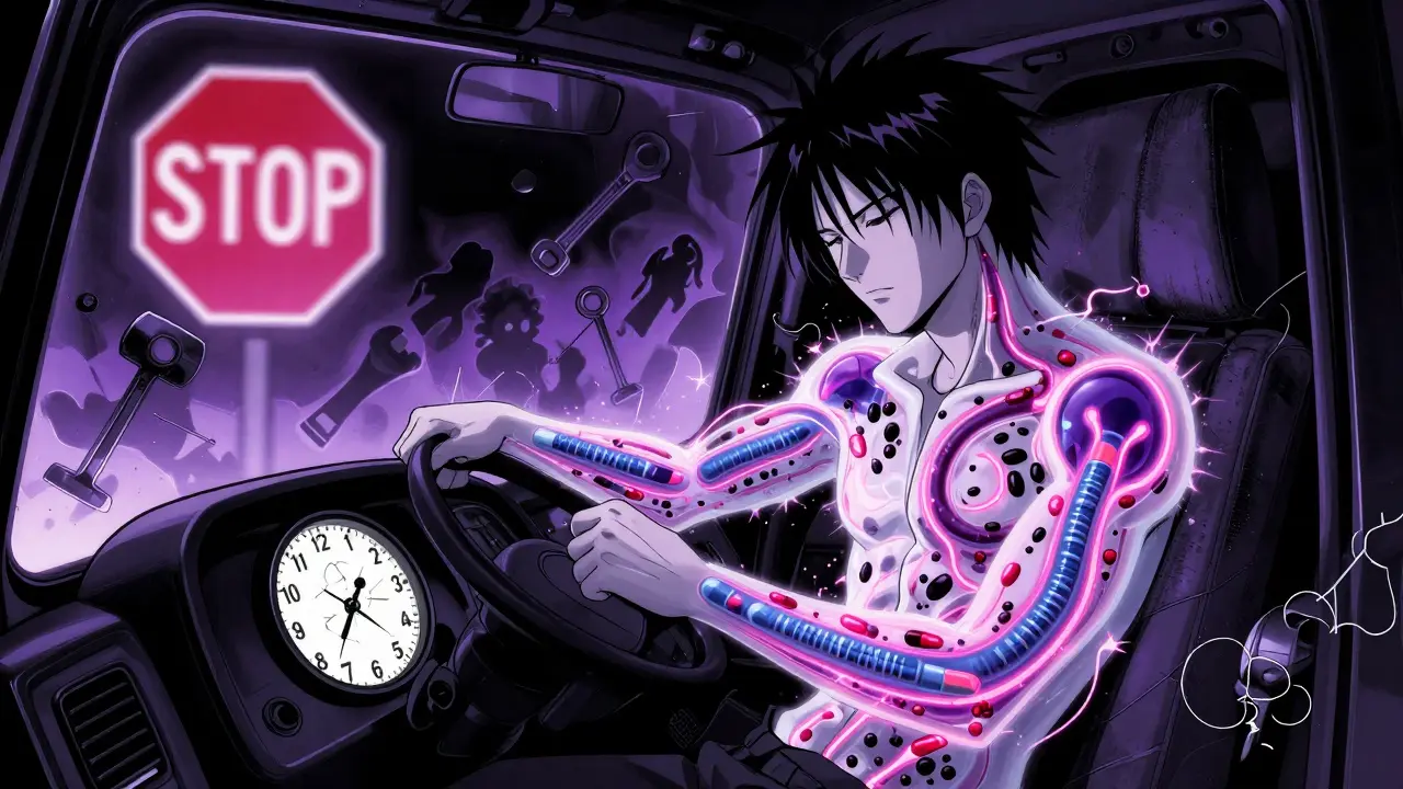 A truck driver drowsy from opioids, with drug molecules swirling in his blood and a blurred stop sign ahead.