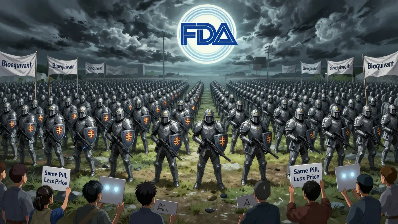 Battlefield with branded, generic, and authorized generic soldiers, all identical in weapons, under a celestial FDA emblem in anime style.