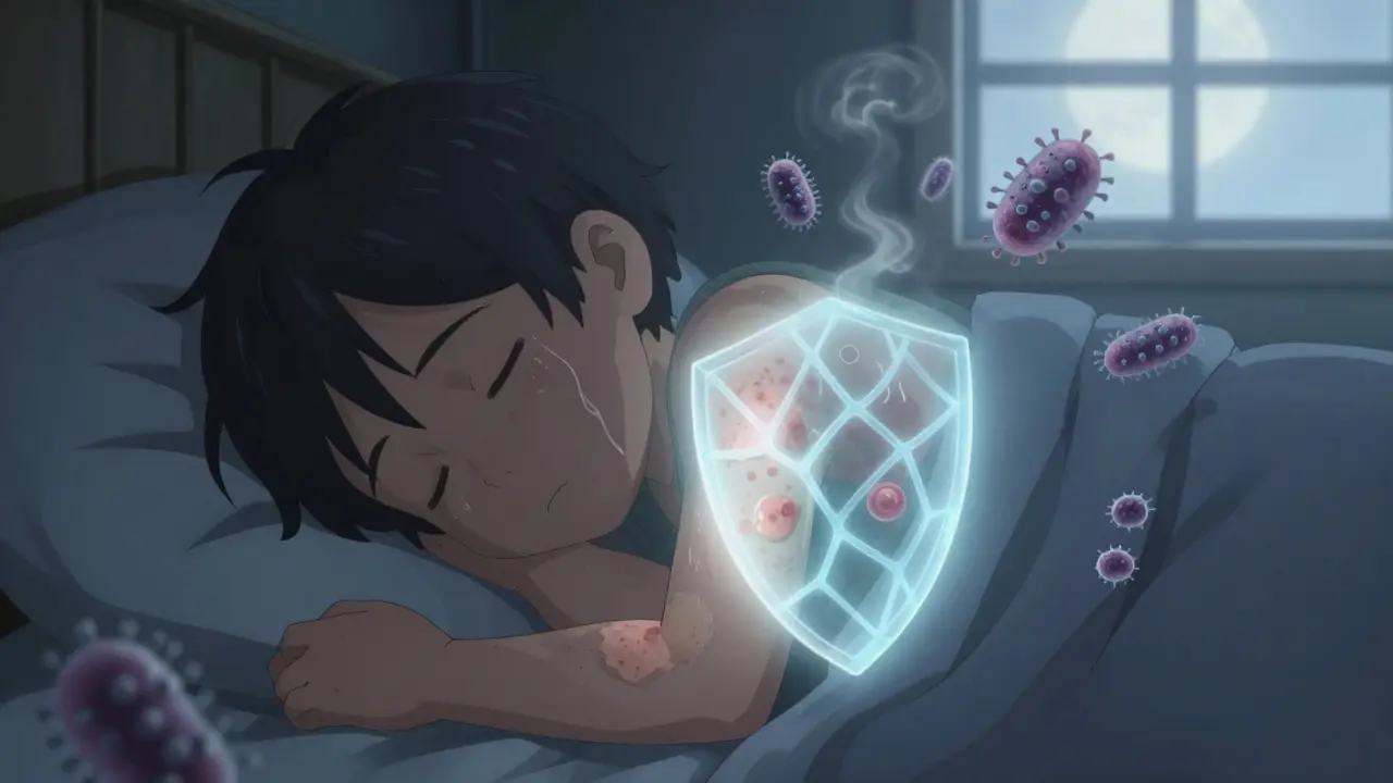 Child sleeping with glowing protective cream shielding eczema patches from bacteria.