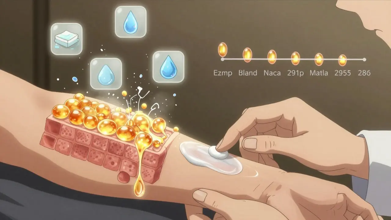 Dermatologist applying barrier cream that transforms into lipid molecules rebuilding skin.