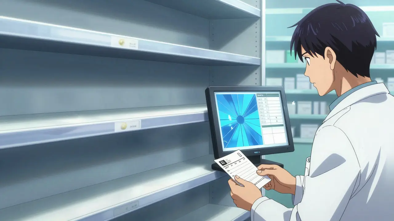 Empty pharmacy shelf with worried patient and pharmacist