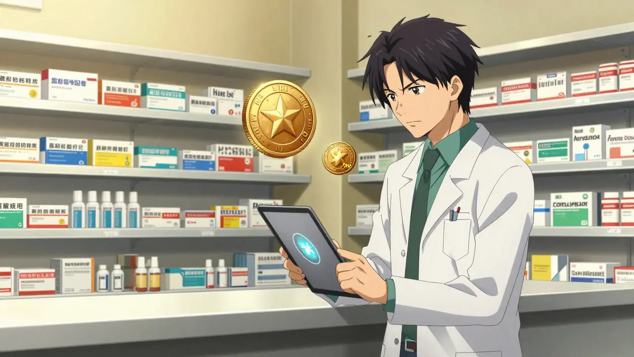 German pharmacist managing generic drugs with reference coin symbols