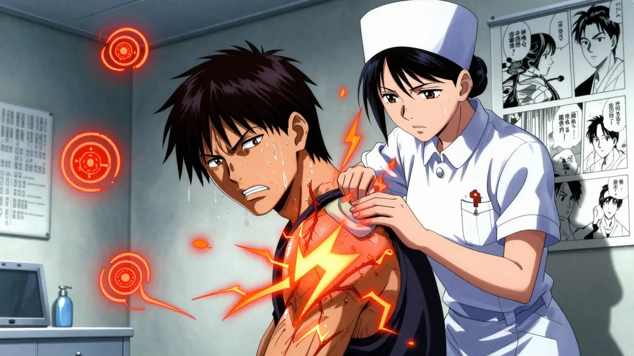 Nurse applying a capsaicin patch to a patient’s shoulder with intense energy surges.