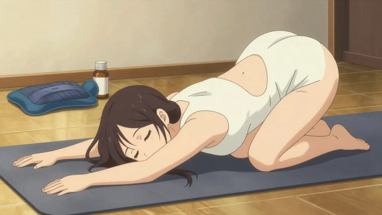 Person doing cat-cow stretch at home with heating pad and pills nearby