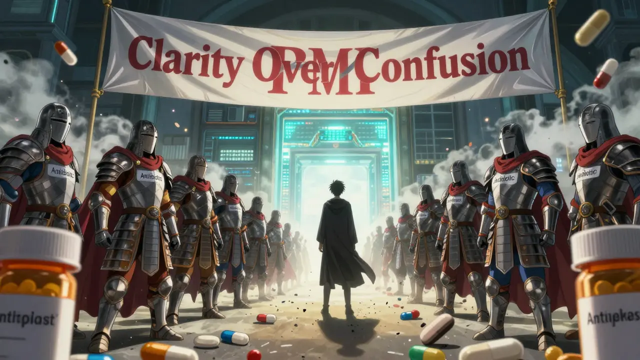 Personified medications standing united under a banner of clarity, with a patient at the center