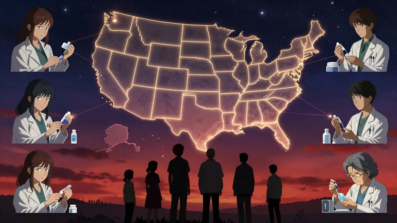 Pharmacists across U.S. states performing clinical services, connected by glowing lines on a map under a twilight sky.