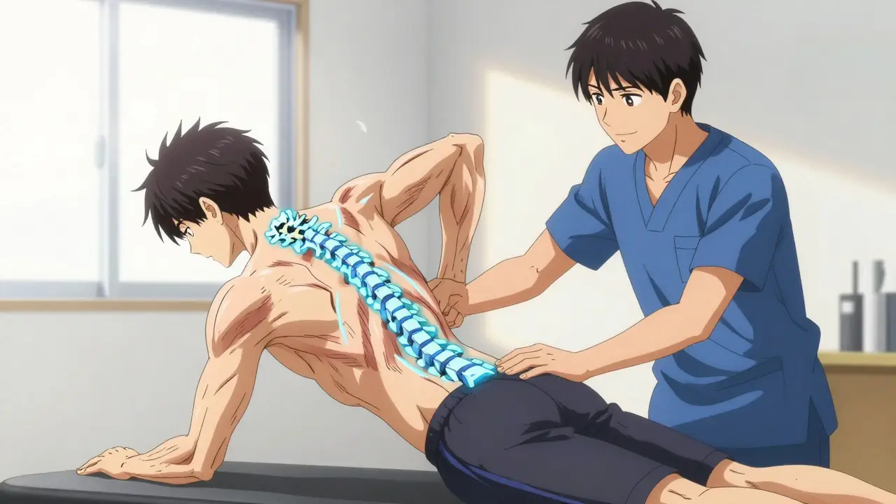 Physical therapist assisting patient with core exercises in bright clinic