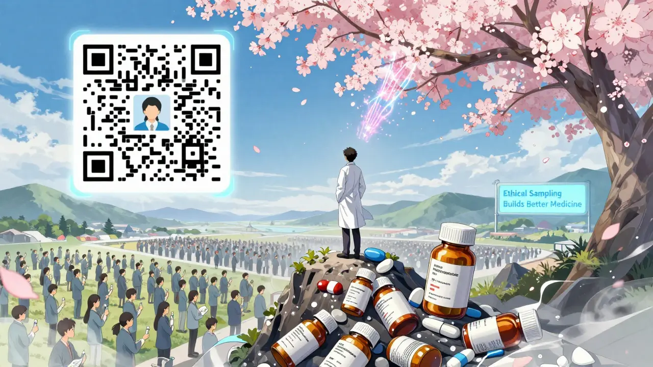A figure on a mountain of discarded pills overlooking users who track samples ethically, with QR codes forming data blossoms.