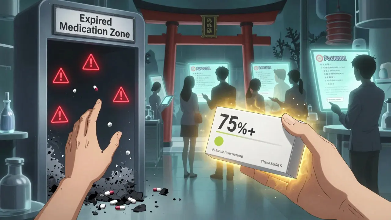 A hand reaching into an expired medication zone vs. a fresh sample glowing with golden light, in Tite Kubo anime style.