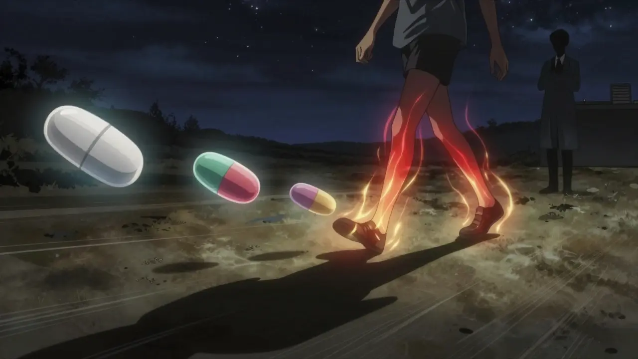 A person walking at night with glowing energy from their legs, floating pills dimming around them.