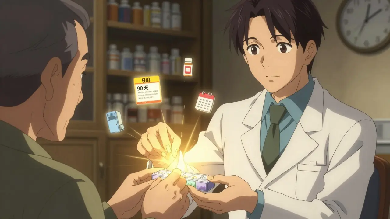 A pharmacist handing a pill organizer to an elderly patient, warm light glowing from the organizer, symbolic icons floating in the background.