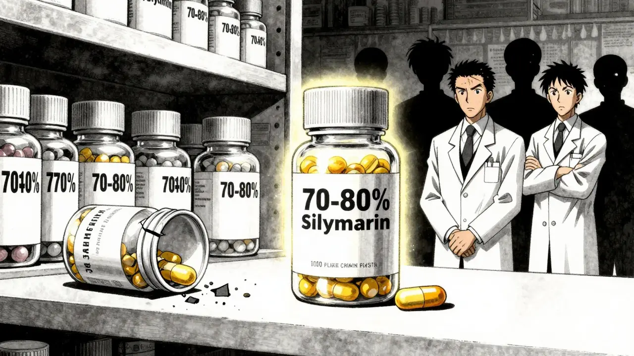 A pharmacy shelf with one supplement cracked open to reveal contaminants, while a trusted capsule glows safely.